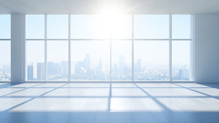Bright and modern empty room with large windows showcasing a stunning city skyline. Ideal for showcasing interior designs or architectural concepts.の素材