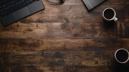 A cozy workspace featuring a laptop and two coffee mugs on a rustic wooden desk, ideal for remote work or creative pursuits in a warm environment.の素材