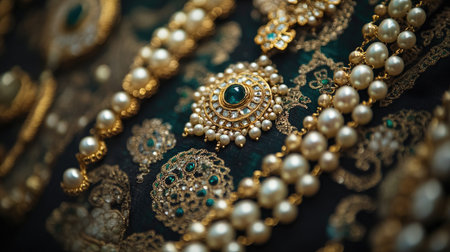 Discover an exquisite closeup of elegant jewelry adorned on rich fabric, showcasing intricate designs and luxurious embellishments. Perfect for fashion or culture-themed projects.の素材