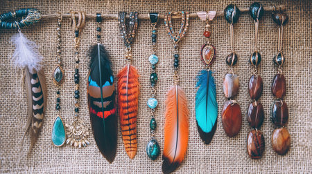 A stunning collection of colorful feathers and handmade jewelry arranged on a natural background, showcasing unique designs and textures for art and fashion enthusiasts.の素材