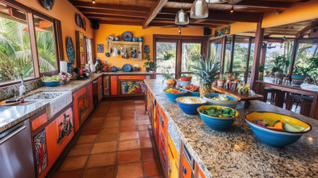 A bright and inviting kitchen featuring colorful decor and fresh produce. Spacious layout with natural light, perfect for culinary creativity and gatherings.の素材