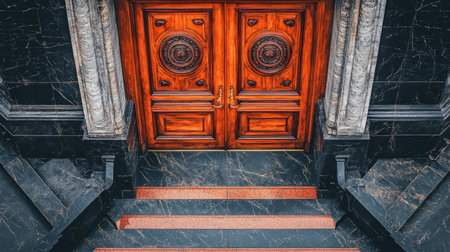 Captivating wooden double doors with intricate designs set against dark stone steps. Ideal for showcasing architectural beauty and detail.の素材