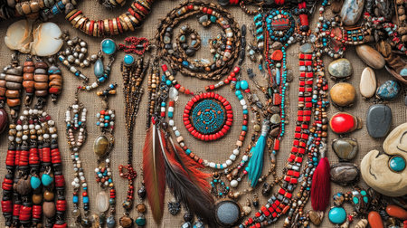 A vibrant array of artisan jewelry and accessories showcases colorful beads and stones. This image captures the intricate beauty and unique designs of handmade crafts.の素材