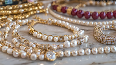 A stunning array of luxurious jewelry pieces, featuring elegant pearls, gold accents, and sparkling gemstones, perfect for any fashion lover.の素材