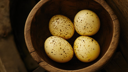 A serene image of fresh speckled eggs resting in a rustic wooden bowl, perfect for culinary themes, food photography, or natural living concepts.の素材
