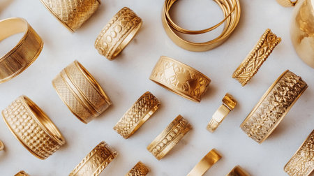 This stunning flat lay showcases a diverse collection of gold rings and bands, featuring intricate designs and luxurious finishes, perfect for jewelry lovers.の素材