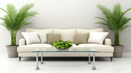 Light-filled living room featuring a comfortable sofa with pillows, complemented by lush green plants in stylish pots, creating a welcoming and serene space.の素材