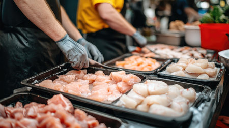 A market stall showcasing an array of fresh seafood, with vendors preparing fish and displaying quality ingredients for customers. Perfect for food-related projects.の素材