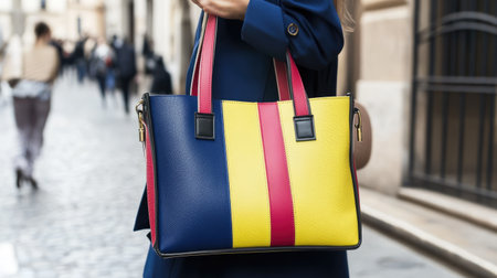 A fashionable handbag with vibrant colors, perfect for urban outings. This stylish accessory complements various outfits and enhances any casual look.の素材
