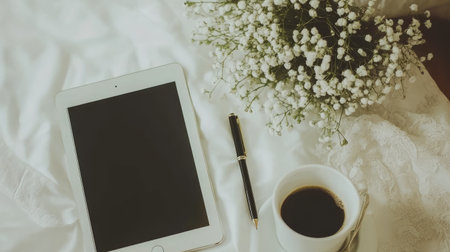 A serene workspace featuring a tablet, coffee cup, pen, and delicate flowers, perfect for moments of creativity and relaxation in a cozy setting.の素材