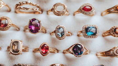 Discover a stunning collection of elegant gold rings featuring vibrant gemstones. Perfect for showcasing fashion, luxury, and unique design in jewelry photography.の素材