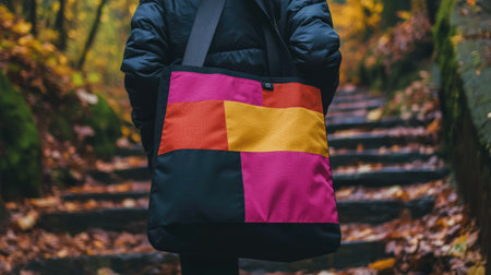 A person walks down a forest path, carrying a colorful tote bag. The vibrant design of the bag contrasts with the autumn leaves surrounding the steps.の素材