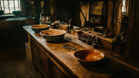 A cozy rustic kitchen featuring beautiful vintage bowls on a wooden counter, ideal for showcasing the charm of traditional cooking environments.の素材