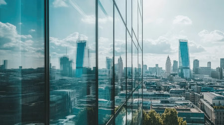 A stunning view of a modern city skyline reflected in glass, showcasing dynamic architecture against a backdrop of blue skies and fluffy clouds.の素材