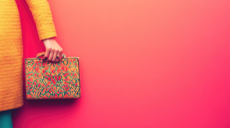 A stylish woman showcases a colorful bag against a vibrant background, highlighting modern fashion trends and cheerful aesthetics suitable for various uses.の素材
