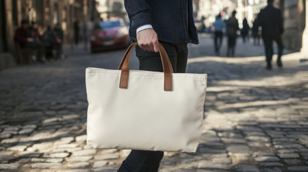 A person walks casually down an urban street while holding a stylish tote bag. The scene showcases a blend of modern architecture and a relaxed lifestyle. Perfect for fashion and lifestyle themes.の素材