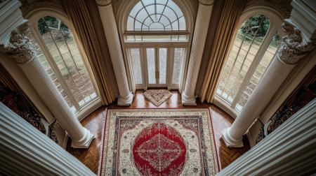 A stunning view of an elegant entryway showcasing grand architecture, plush rug, and abundant natural light, creating a luxurious atmosphere.の素材