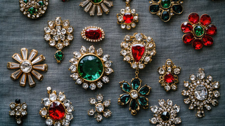 A captivating collection of vintage brooches featuring colorful gemstones. This elegant assortment showcases intricate designs perfect for fashion enthusiasts.の素材