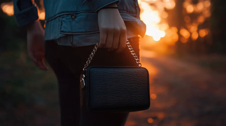 A stylish handbag held by a woman against a beautiful sunset in a tranquil nature setting. Perfect for fashion, lifestyle, and outdoor themes.の素材