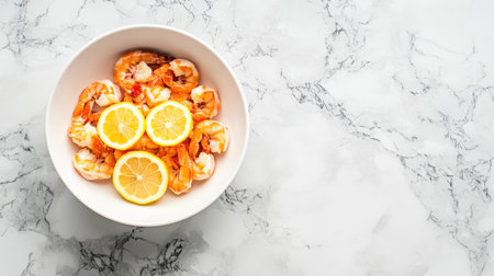 A beautifully arranged plate of fresh shrimp with bright lemon slices in a white bowl, set against a marble background, perfect for culinary presentations.の素材
