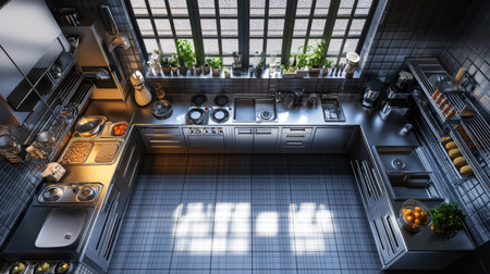 Bright and modern kitchen with ample natural light highlighting stainless steel appliances and minimalistic decor, perfect for culinary inspiration and home cooking.の素材