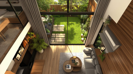 Spacious modern living room features large windows with a view of a vibrant garden, blending indoor comfort with outdoor tranquility, perfect for relaxation.の素材