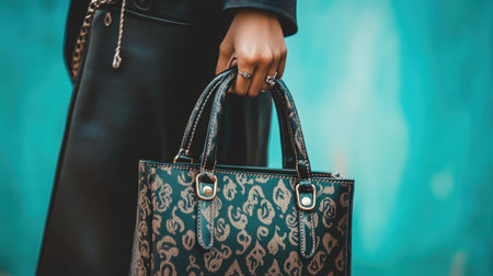 An elegant handbag featuring a unique pattern, held by a stylish individual in an urban setting, showcasing fashion and modern design elements.の素材