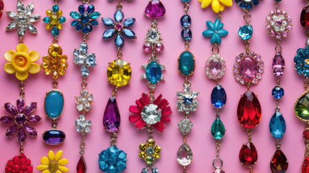 A vibrant collection of colorful gemstones and floral jewelry displayed on a pink background, showcasing creativity and elegance in design. Perfect for fashion enthusiasts.の素材