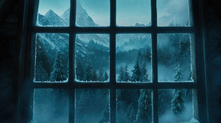 A frosted window reveals a breathtaking winter landscape, showcasing majestic mountains and towering trees enveloped in serene mist, creating a tranquil atmosphere.の素材