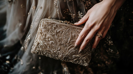 A close-up view of a beautifully embellished evening bag held by a woman. This accessory features intricate beading and an elegant design, perfect for formal events.の素材
