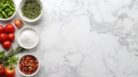 A beautiful arrangement of fresh cooking ingredients on a marble countertop, featuring vibrant tomatoes, herbs, and spices ideal for culinary creations.の素材