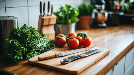 A bright kitchen scene featuring fresh tomatoes, vibrant herbs, and sharp knives arranged on a wooden countertop, perfect for culinary inspiration.の素材