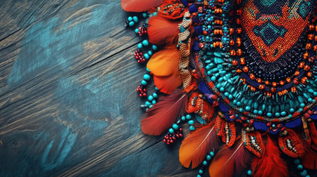 A vibrant tribal necklace featuring colorful beads and feathers, set against a rustic wooden background, showcasing unique craftsmanship and artistic design.の素材