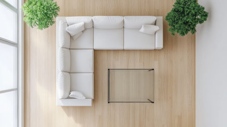 A stylish modern living room featuring a white sofa, glass coffee table, and lush green plants. The minimalist design invites comfort and tranquility.の素材