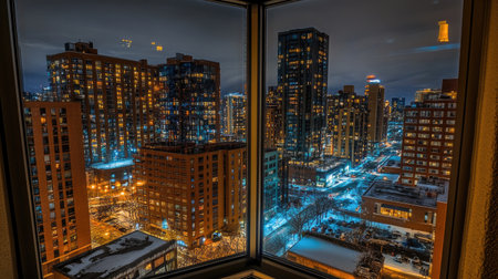 A striking view of a vibrant city skyline at night from a high-rise window. The scene is illuminated with glowing lights, showcasing urban beauty and tranquility.の素材