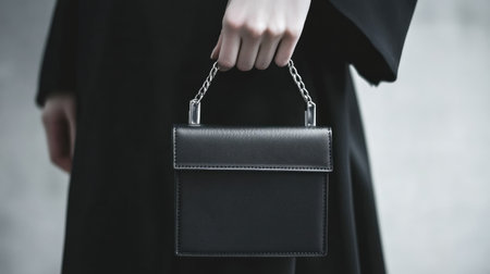 A stylish black handbag with a chain handle, perfect for any urban setting. Ideal for enhancing outfits with a touch of elegance and sophistication.の素材