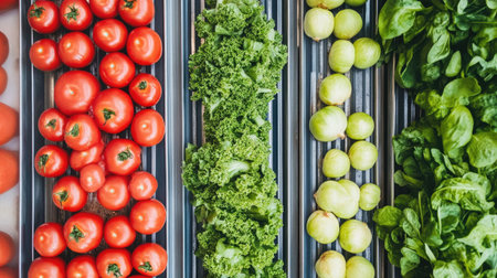 A top view of an assortment of fresh vegetables and fruits. Featuring vibrant red tomatoes, lush kale, and crisp spinach, this display showcases healthy eating options.の素材