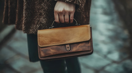 A stylish vintage leather handbag held by a person on a city street, showcasing elegant craftsmanship and an autumn vibe in urban surroundings.の素材