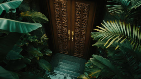 An ornate wooden door framed by vibrant tropical foliage, inviting exploration. The serene setting highlights the beauty of nature and architectural design.の素材