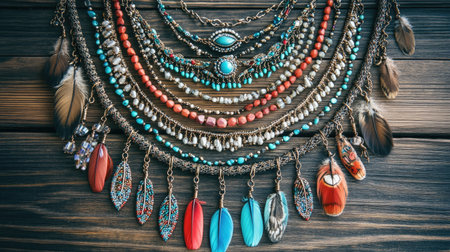 An artistic display of colorful tribal jewelry featuring multiple layers of beads and feathers against a rustic wooden background, showcasing craftsmanship and beauty.の素材