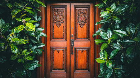 This stunning image showcases an elegant wooden door framed by lush green foliage, creating a warm and inviting entrance to a home. Perfect for showcasing architecture and nature.の素材