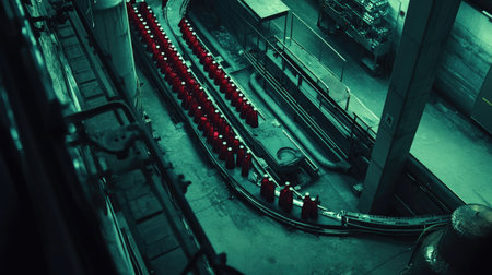 A captivating overhead view of an industrial warehouse featuring neatly arranged red containers along a curved pathway, creating a striking visual contrast in the manufacturing environment.の素材