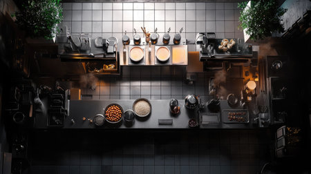 A sleek modern kitchen setup featuring an organized workspace with various cooking equipment and utensils, creating an inviting culinary atmosphere.の素材