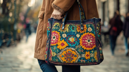 A vibrant and colorful handbag showcases intricate textile patterns in an urban environment, highlighting fashion and style on a busy city street.の素材
