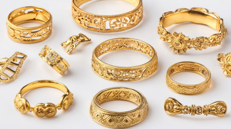 Discover a stunning assortment of exquisite golden jewelry pieces, featuring intricate designs, luxurious textures, and elegant styles perfect for any fashion enthusiast.の素材