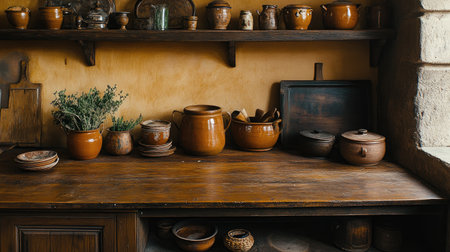 Explore a cozy rustic kitchen adorned with earthenware pots, vintage decor, and fresh herbs. Ideal for culinary inspiration and home design themes.の素材