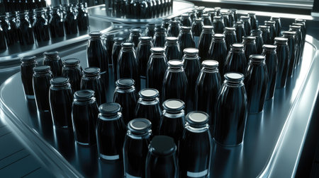 A captivating arrangement of sleek black bottles on a reflective metallic surface. The modern design showcases elegance and symmetry in an artistic composition.の素材