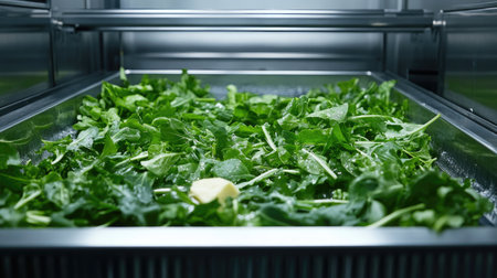 A visually appealing display of fresh leafy greens inside an industrial cooling unit, showcasing their vibrant color and healthy appeal for culinary uses.の素材