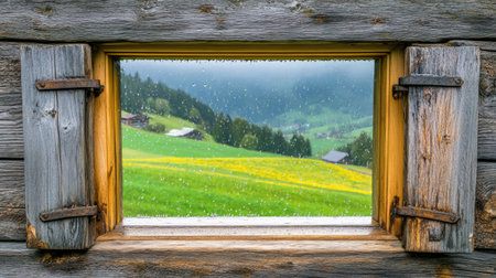 A breathtaking view through a rustic wooden window showcasing green fields and mountains, with gentle rain droplets enhancing the tranquil scenery.の素材