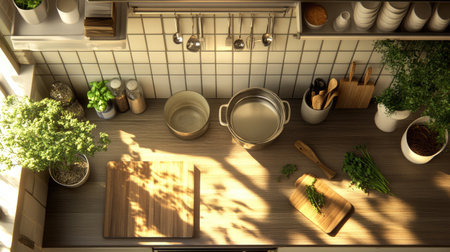 A serene kitchen countertop bathed in natural light, featuring cooking utensils, a pot, and fresh herbs. Perfect for culinary inspiration and modern decor.の素材